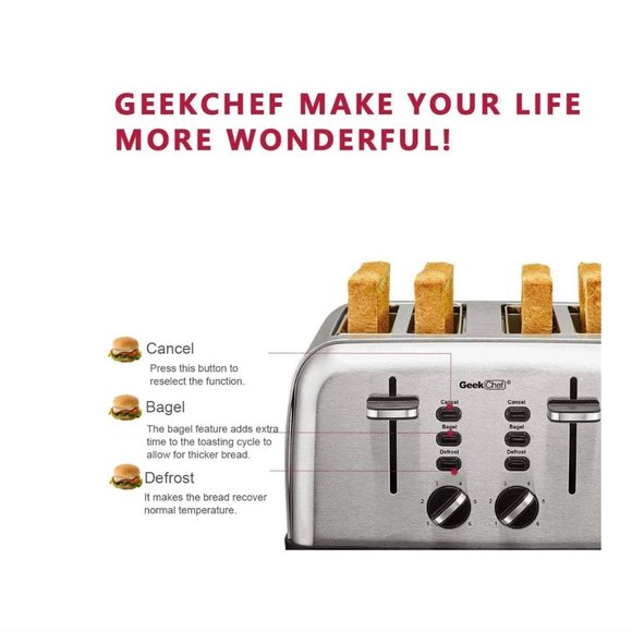 Toaster 4 Slice, Geek Chef Stainless Steel Toaster with Extra Wide Slots, 4 Slot - Picture 10 of 14